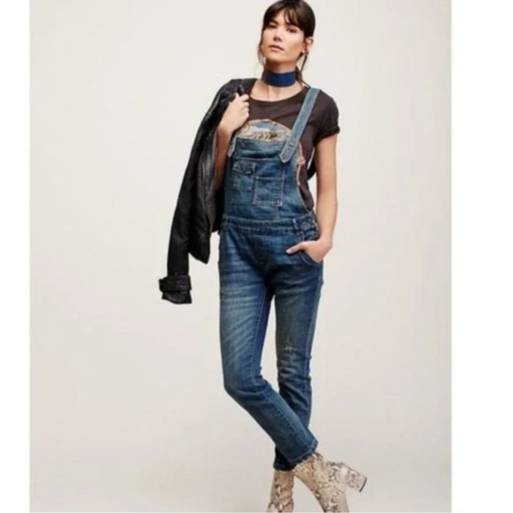 Free People Blue Denim Overalls Vintage-Inspired Relaxed Fit